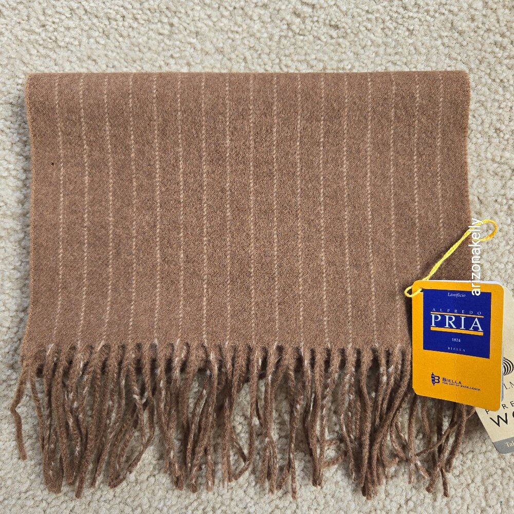 NWT Alfredo Pria Wool Scarf *TINY HOLE* Tan Pinstripe Biella Italy